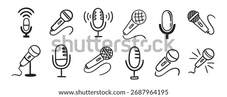 microphone icon doodle hand drawn set. Outline drawing microphone line clipart symbol collection. Vector illustration