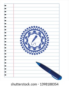 microphone icon emblem draw with pen effect. Blue ink. Vector Illustration. Detailed.