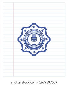 microphone icon emblem with pen effect. Blue ink. Vector Illustration. Detailed.