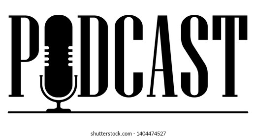 The microphone icon in a fashionable flat style is isolated against the background. Logo, application, user interface. Podcast radio icon. Studio microphone table broadcast podcast text.