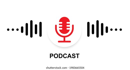 The microphone icon in a fashionable flat style is isolated against the background. Logo, application, user interface. Podcast radio icon. Studio microphone table broadcast podcast text.
