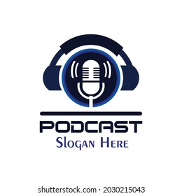 The microphone icon in a fashionable flat style is isolated against the background. Logo, application, user interface. Podcast radio icon. Studio microphone table broadcast podcast text.