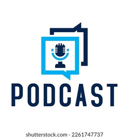 The microphone icon in a fashionable flat style is isolated against the background. Logo, application, user interface. Podcast radio icon. Studio microphone table broadcast podcast text.