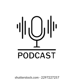 The microphone icon in a fashionable flat style is isolated against the background. Logo, application, user interface. Podcast radio icon. Studio microphone table broadcast podcast text.