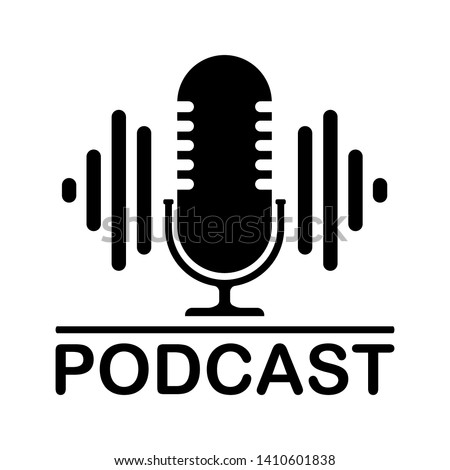 The microphone icon in a fashionable flat style is isolated against the background. Logo, application, user interface. Podcast radio icon. Studio microphone table broadcast podcast text.