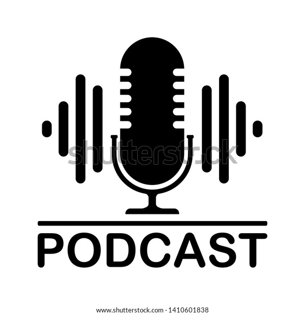 The\
microphone icon in a fashionable flat style is isolated against the\
background. Logo, application, user interface. Podcast radio icon.\
Studio microphone table broadcast podcast\
text.
