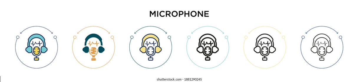 Icono de micrófono con estilo relleno, delgado, contorno y trazo. Ilustración vectorial de dos iconos vectoriales de micrófono de color y negro se pueden utilizar para móviles, ui, web