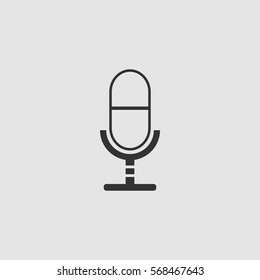 Microphone icon flat. Black pictogram on grey background. Vector illustration symbol