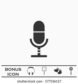 Microphone icon flat. Black pictogram on white background. Vector illustration symbol and bonus button