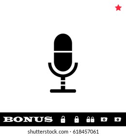 Microphone icon flat. Black pictogram on white background. Vector illustration symbol and bonus button open and closed lock, folder, star