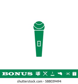 Microphone icon flat. Green pictogram on white background. Vector illustration symbol and bonus button
