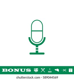 Microphone icon flat. Green pictogram on white background. Vector illustration symbol and bonus button