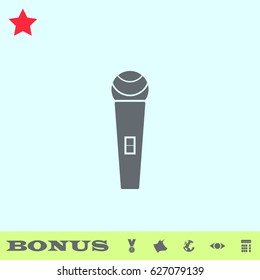 Microphone icon flat. Grey pictogram on blue background. Vector illustration symbol and bonus buttons medal, cow, earth, eye, calculator
