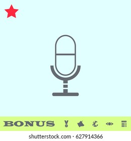 Microphone icon flat. Grey pictogram on blue background. Vector illustration symbol and bonus buttons medal, cow, earth, eye, calculator