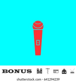 Microphone icon flat. Red pictogram on blue background. Vector illustration symbol and bonus buttons Music center, corkscrew, credit card, house, drum