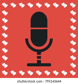 Microphone icon flat. Simple black pictogram on red background with white hearts for valentines day. Vector illustration symbol