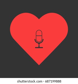 Microphone icon flat. Simple pictogram on heart background. Vector illustration symbol