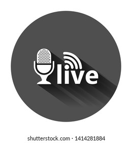 Microphone icon in flat style. Live broadcast vector illustration on black round background with long shadow. Sound record business concept.