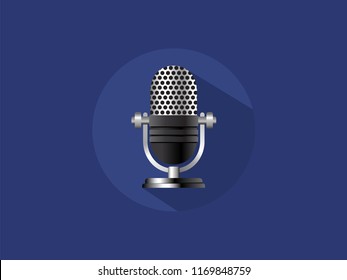 Microphone icon in flat style with long shadow on blue background. Flat vector illustration.