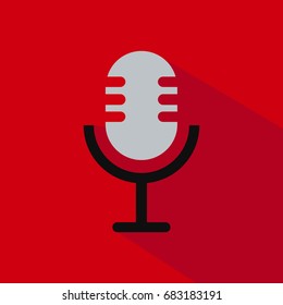Microphone icon in flat style with long shadow, isolated vector illustration on red transparent background