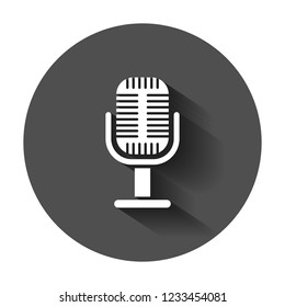 Microphone icon in flat style. Mic broadcast vector illustration with long shadow. Microphone mike speech business concept.