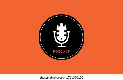 The microphone icon in a flat style. Podcast radio icon. Logo, application, user interface.  Studio table microphone with  broadcast text on air. Vector illustration on orange backgroud, isolated 