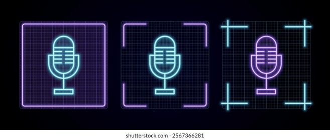 Microphone icon illustration, cyber neon visual, glowing border grid vector.
