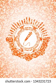 microphone icon inside abstract emblem, orange mosaic background