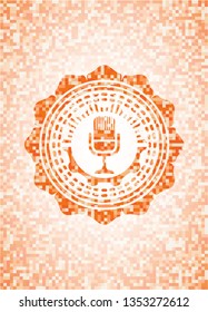 microphone icon inside abstract emblem, orange mosaic background