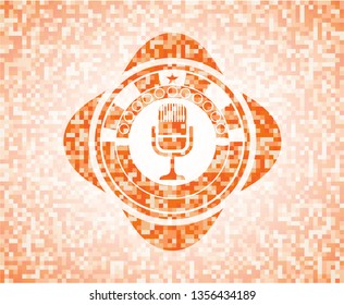 microphone icon inside abstract emblem, orange mosaic background
