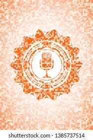 microphone icon inside abstract emblem, orange mosaic background