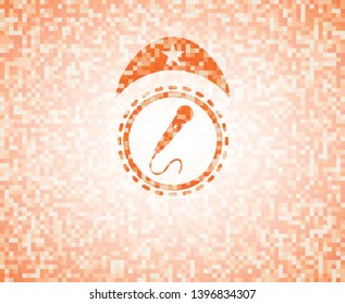 microphone icon inside abstract emblem, orange mosaic background