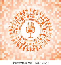 microphone icon inside abstract orange mosaic emblem with background