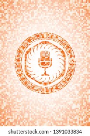 microphone icon inside abstract orange mosaic emblem