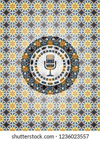 microphone icon inside arabesque badge. arabic decoration.