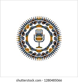 microphone icon inside arabic badge. Arabesque decoration.