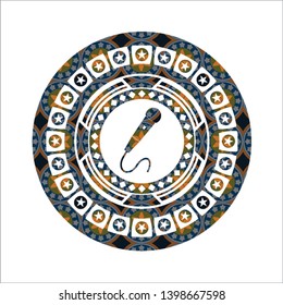 microphone icon inside arabic badge. Arabesque decoration.