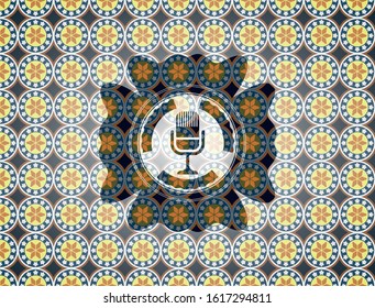 microphone icon inside arabic badge background. Arabesque decoration.