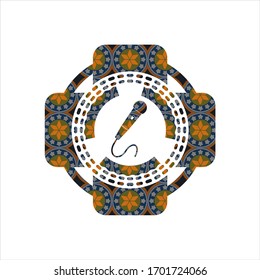 microphone icon inside arabic badge background. Arabesque decoration.