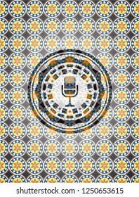 microphone icon inside arabic emblem background. Arabesque decoration.