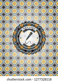 microphone icon inside arabic emblem background. Arabesque decoration.