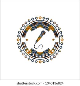 microphone icon inside arabic style emblem. Arabesque decoration.