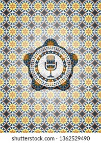 microphone icon inside arabic style emblem. Arabesque decoration.
