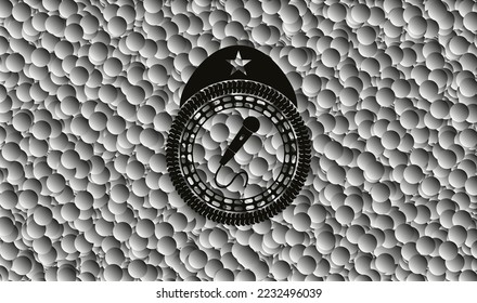 microphone icon inside black emblem with grey bubbles background. Vector Illustration. Detailed. 