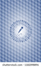 microphone icon inside blue badge with geometric background.