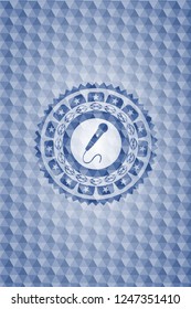 microphone icon inside blue badge with geometric pattern background.
