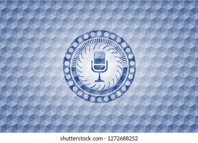 microphone icon inside blue badge with geometric background.