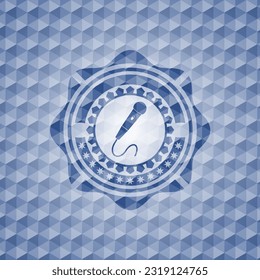 microphone icon inside blue badge with geometric pattern background. 