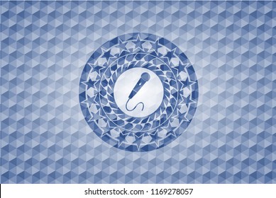 microphone icon inside blue emblem with geometric background.