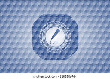 microphone icon inside blue emblem with geometric pattern.
